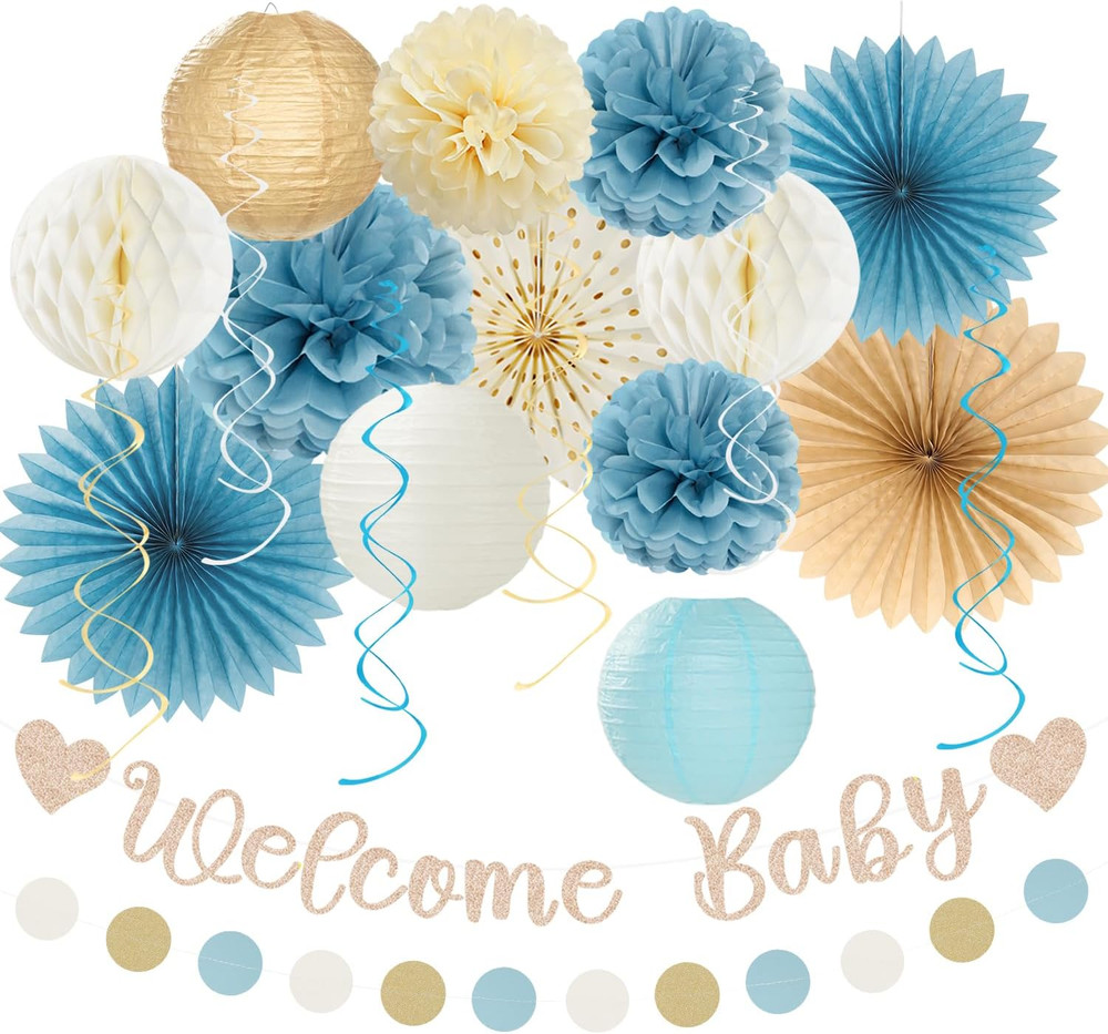 Light-Dusty Blue Boho Baby Shower Party-Decorations – 21Pcs Beige Champagne Boy