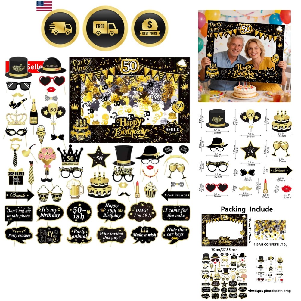 50th Birthday Photo Booth Props, Black and Gold, 55 Pcs with Frame Glitter fo…