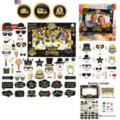 50th Birthday Photo Booth Props, Black and Gold, 55 Pcs with Frame Glitter fo…