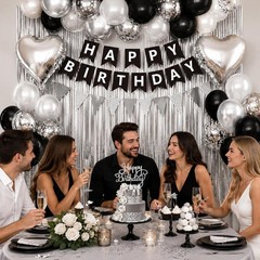 Happy Birthday Party Decorations Black Silver Balloons and Fringe Curtain Set