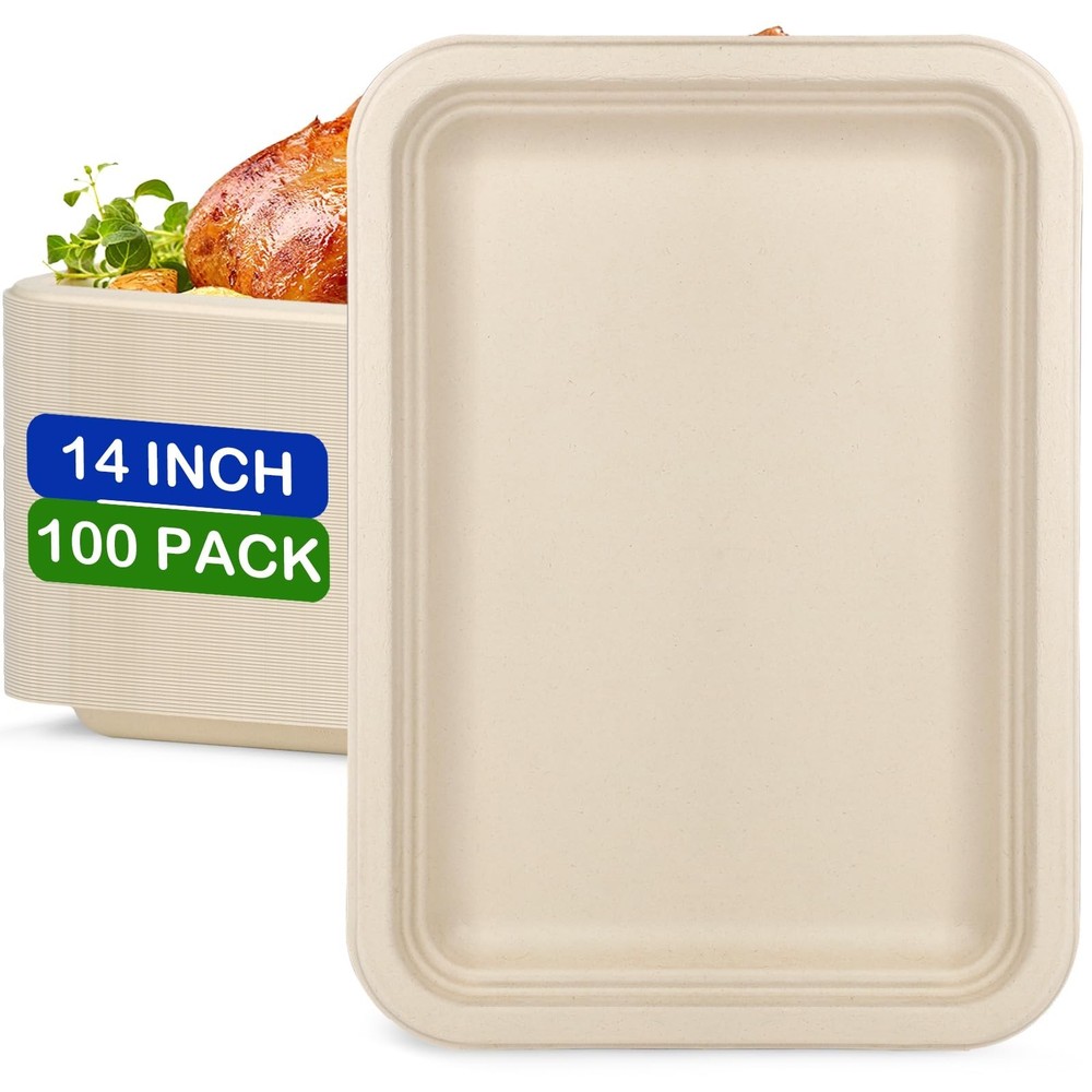 Large Paper Plates 14 Inch, 100 Pack Disposable Trays, Heavy Duty Dinner Size…