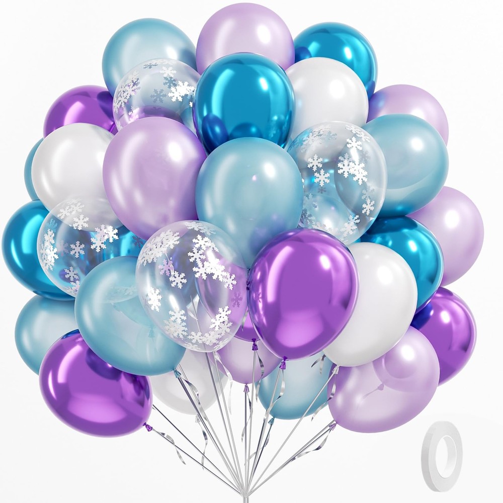 Frozen Party Balloons – 60-Pack 12-Inch Purple & Blue Balloons with Snowflake.