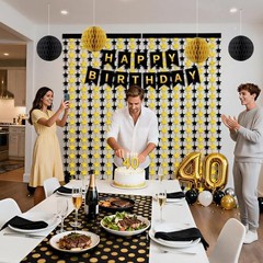 Black and Gold Party Decorations, 13Pcs Hanging Paper Fans Star Foil Curtains…