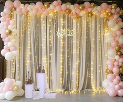 Champagne Tulle Backdrop Curtain with Lights String for Parites Wedding 5x8ft