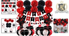 Black & Red Birthday Decorations Set – Banner, Balloons & Pompoms for All Ages