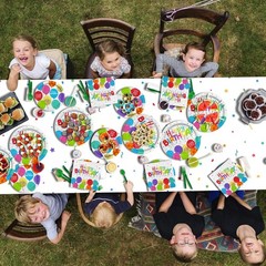 Multicolor Birthday Party Essentials Set for 25 Paper Plates Cups Napkins Banner