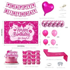 Pink Birthday Party Decorations for girls,Birthday Banner,Pink Backdrop,Hot P…
