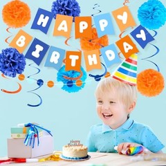 Orange Blue Birthday Decorations Set for Boys Men Women, Happy Birthday Banner