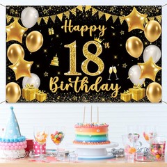 18th Birthday Decorations Backdrop Banner Black Gold Happy 18th Birthday Banners