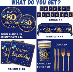 80Th Birthday Decoration Men-142Pcs Navy Blue and Gold Birthday Tableware Set(Se