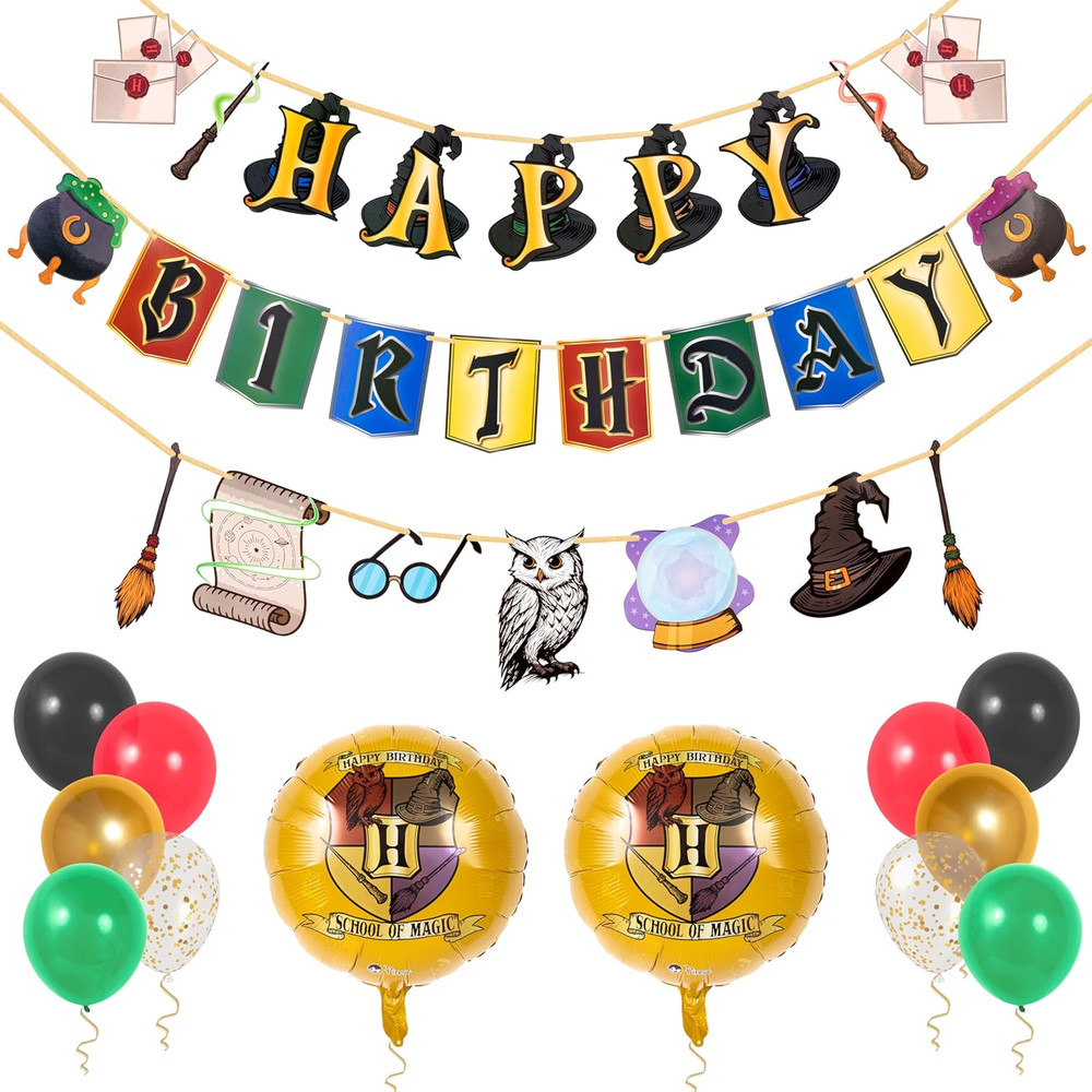 Wizard Birthday Decorations, Magical Happy Birthday Banner with Balloons, Pre-St