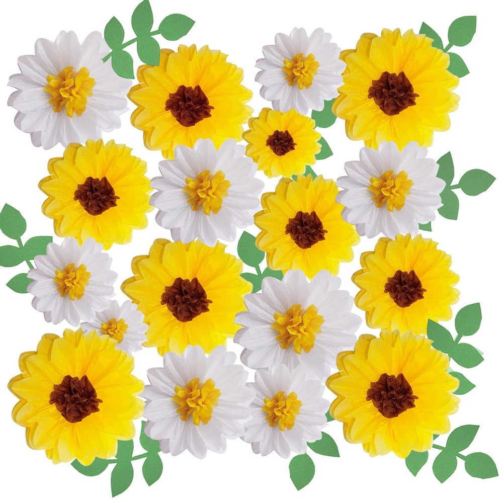 30Pcs Sunflower Tissue Paper Flowers 4 Size White Yellow Daisy Theme Party Dé…