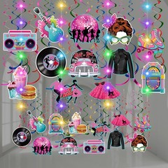 56 Pcs 50s Hanging Decorations with Lights Retro Rock and Roll Hanging Swirls