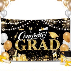 Graduation Banner 2025 Black and Gold – 72.8X43.3 Inch Congrats Grad Backdrop fo