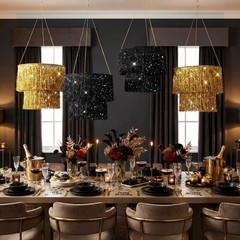 Rossesay 4 Pcs 2 Tier Gold Black Fringe Tinsel Chandelier Iridescent Foil Party