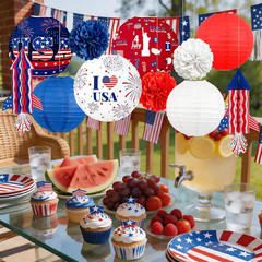 4Th of July Decorations Red White Blue Paper Lanterns Flower Tissue Pom Poms Fan