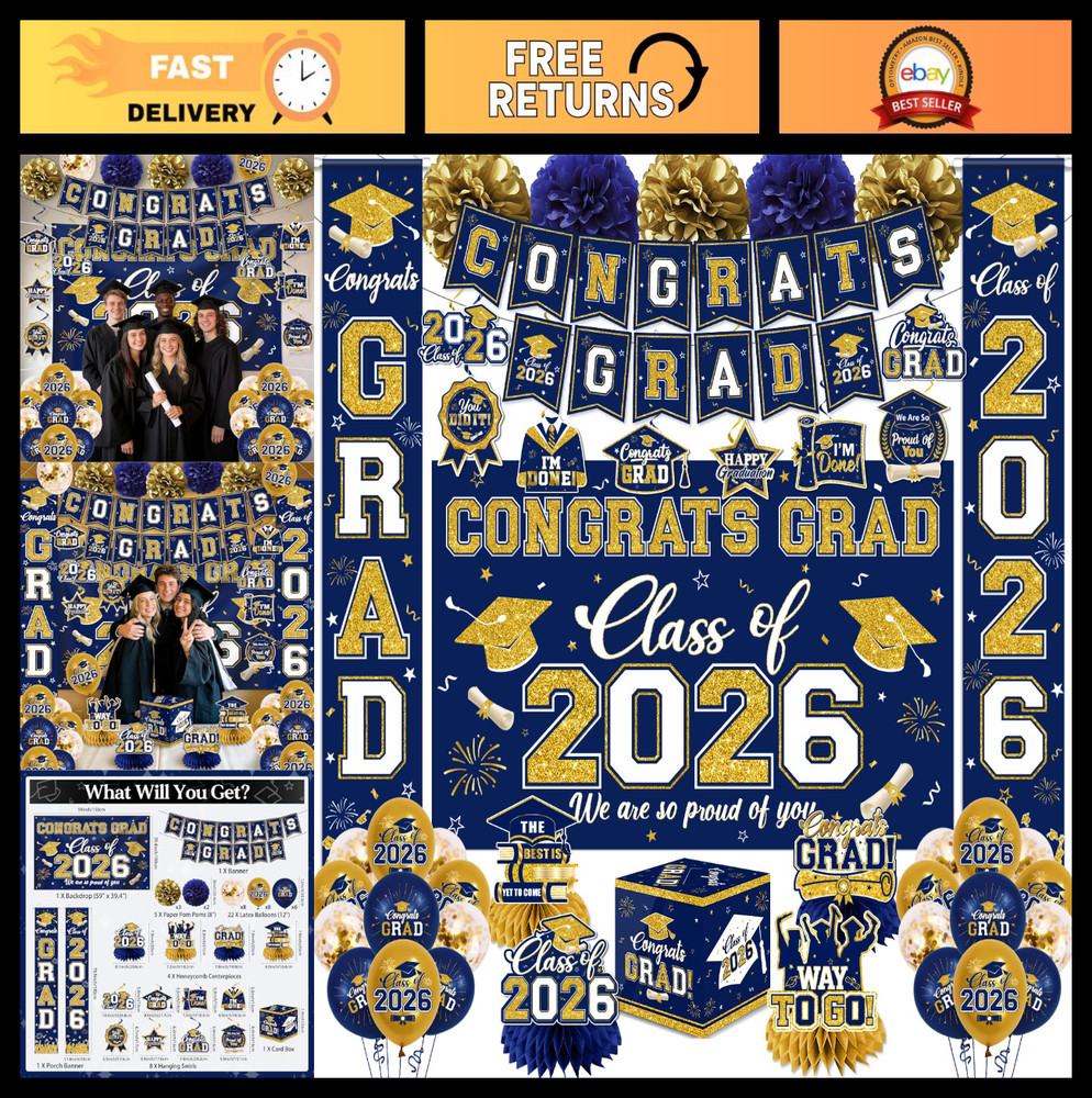 Navy Blue & Gold Graduation Decorations 2026 Set – Congrats Grad Banner, Balloon