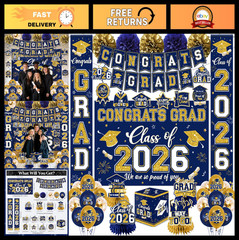 Navy Blue & Gold Graduation Decorations 2026 Set – Congrats Grad Banner, Balloon