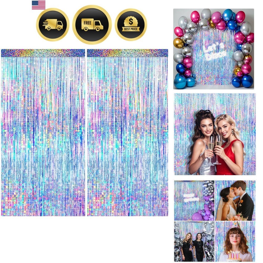4 Packs Silver Foil Fringe Curtain, Silver Glitter Metallic Tinsel Backdrop f…