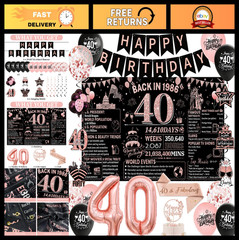 40th Birthday Decorations for Women – Rose Gold & Black Banner, Balloons, Cake T