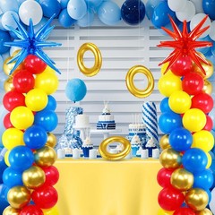 2 Set Red Blue Yellow Balloon Column Stand Kit with 2 Explosion Star Foil Bal…