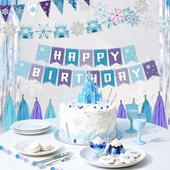7 Pcs Happy Birthday Banner, Blue Banner with Snow Triangle Tassel Snowflake