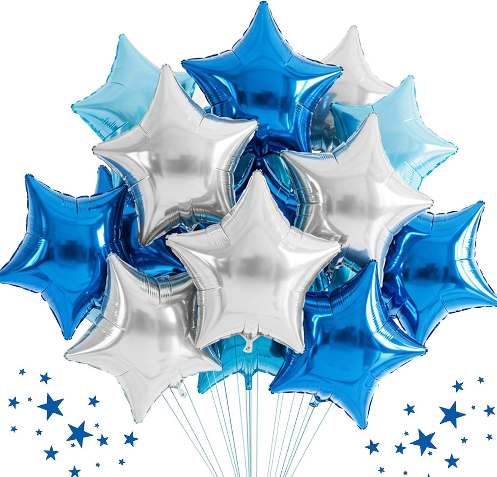 30Pcs 18 Inch Large Blue Silver Star Shape Foil Balloons Big Stars Helium Mylar