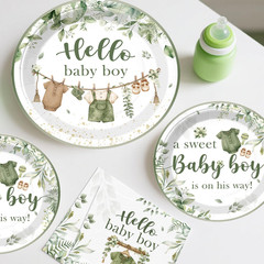 Xynic 201PCS Greenery Baby Shower Decorations Boy Tableware Set, 25 Serves Dispo