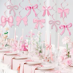 Pink Bow Hanging Swirls Decorations Coquette Birthday Girl Ceiling 20 PCS