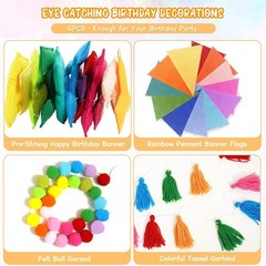 Felt Birthday Banner and Garland 4PCS Rainbow Party Decorations for Kids Adults