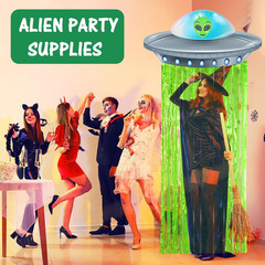 Alien Birthday Party Decorations Door Curtain with Foil Fringe Tinsel Spacecraft