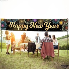KatchOn Happy New Year Banner – Large 120×20 Inch | Gold and Black