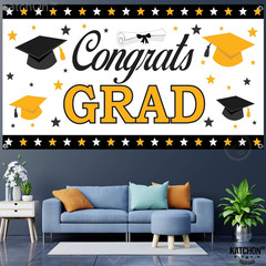 , Xtralarge Congrats Grad Banner – 72X44 Inch | White, Black and Gold Graduation
