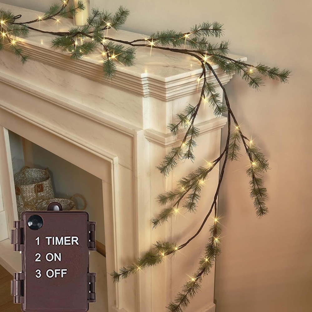 Lighted Pine Garland Battery Operated with Timer 6FT 48 Lights, Christmas