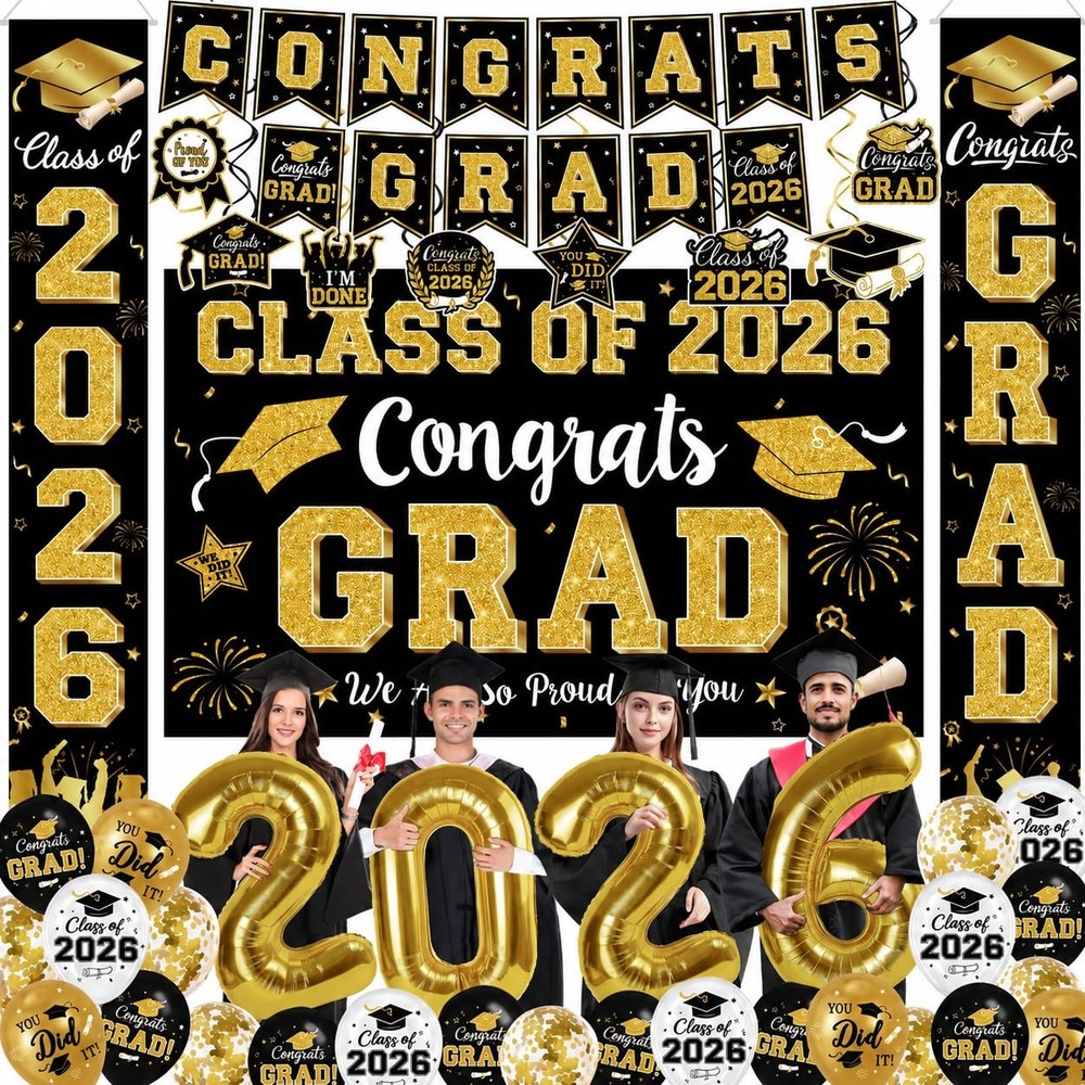 Graduation Decorations Class of 2026 – 18in, 12in, 10-inch, C2 Black and Gold