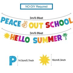 Glittery Peace Out School Hello Summer Banner with Sun Palm Tree Colorful End…