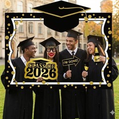 Graduation Selfie Photo Booth Frame 27x19in Black Gold with 18 Props – Party