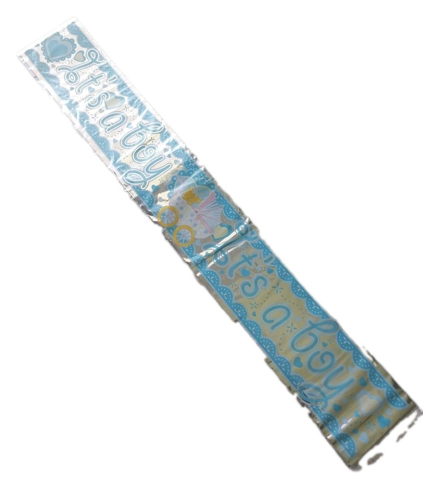 It’s A Boy Banner Baby Shower Decor 12′ x 5″ LASER Silver Foil Blue Retro 2010
