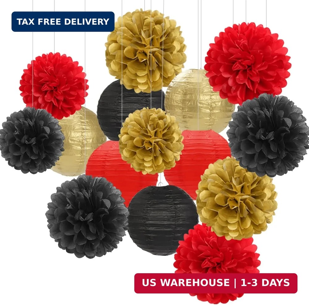 Red-Black Gold Party-Decorations Paper Flowers Lanterns – 15PCS Casino Theme Hal