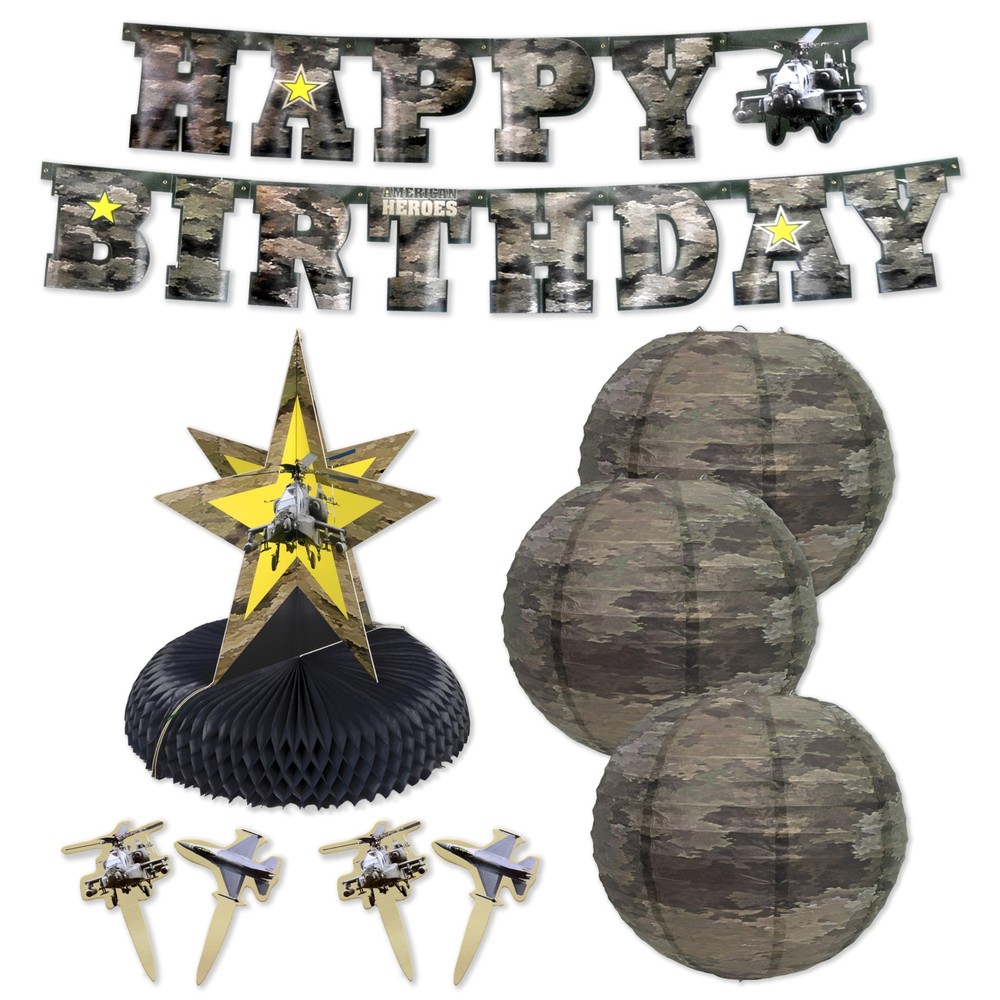 Helicopter Birthday Decorations in Army Camo – Complete the Party! (6 Items) …