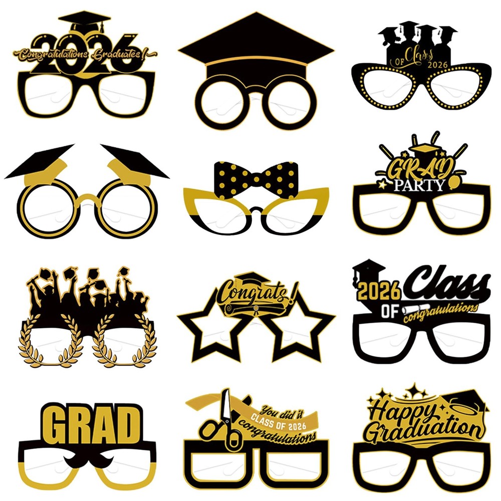 12Pcs Graduation Eyeglasses, Black Gold Class of 2026 Graduation Paper Glasse…