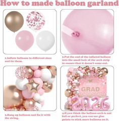 Graduation Decorations Class of 2026: Pink and Gold Graduation Balloons Arch Kit