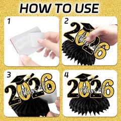 Black Gold Glitter Congrats Grad Class Of 2026 Honeycomb Centerpieces 12PK
