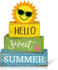 Hello Summer Tiered Tray Decor – 4 Rustic Wooden Centerpieces for Festivities