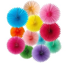 Multicolor Rainbow Hanging Paper Fans Decorations Reusable Fiesta 12 PCS