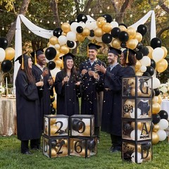 4 Pcs 2026 Graduation Balloon Boxes, Black & Gold Party Decorations with blessin