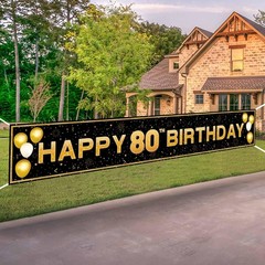 80th Birthday Decorations for Men Women, Large Black Gold Decor 118″ X 20″