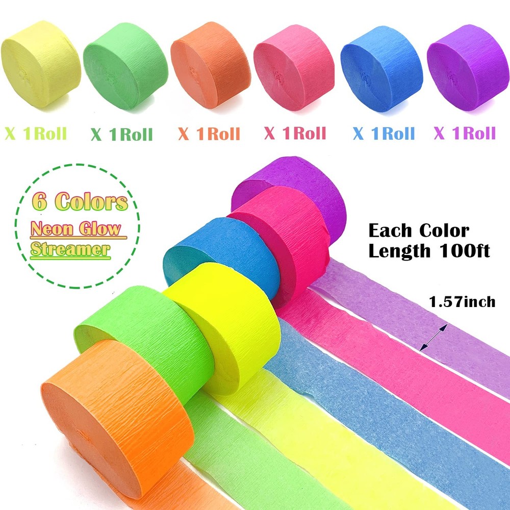 Glow Paper Streamers, UV Reactive Neon, 600 Feet, Party Decor