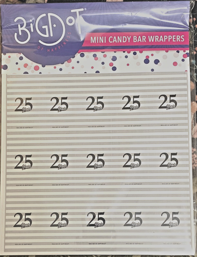 Big Dot of Happiness Mini Dandy Bar Wrappers 25 Years, 24 Wrappers Silver/White
