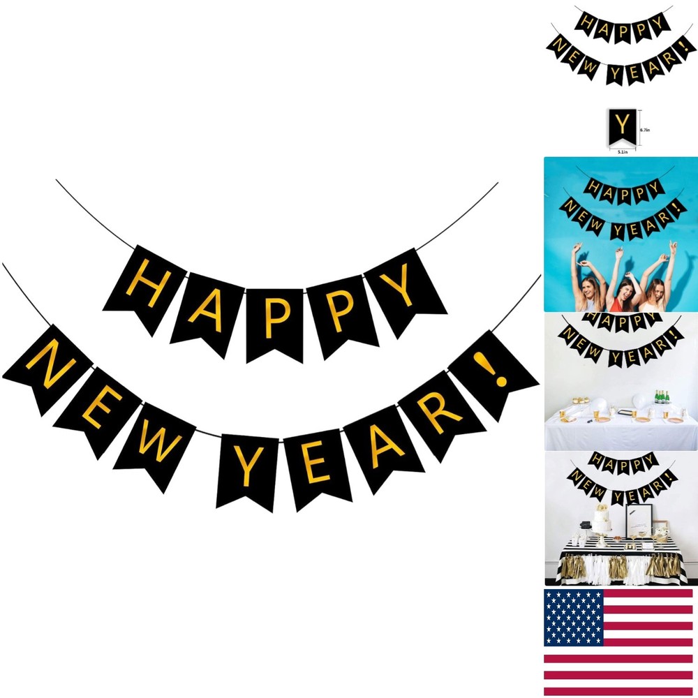 Reusable Black Happy New Banner with Shiny Gold Letters for Celebrations